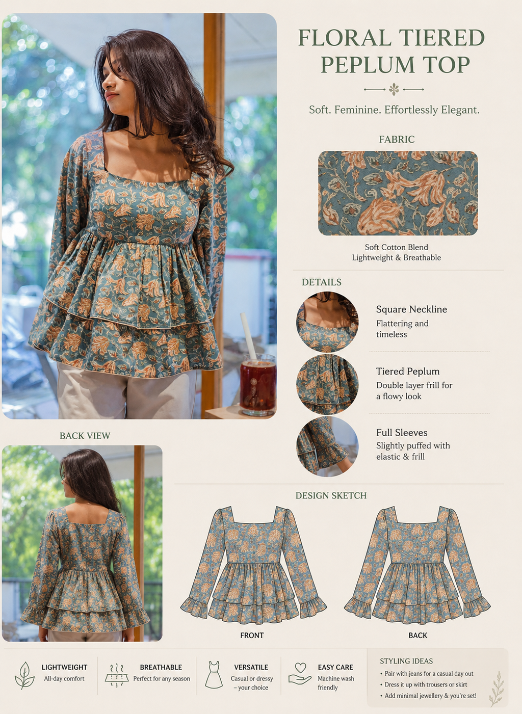 Women’s Blue Floral Printed Peplum Top | Square Neck Layered Flare Top