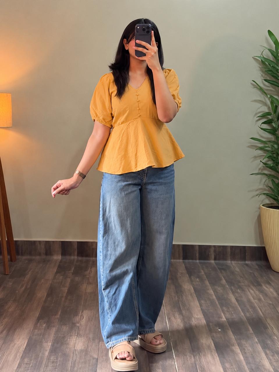 Mustard Yellow Peplum Short Kurti Top for Women