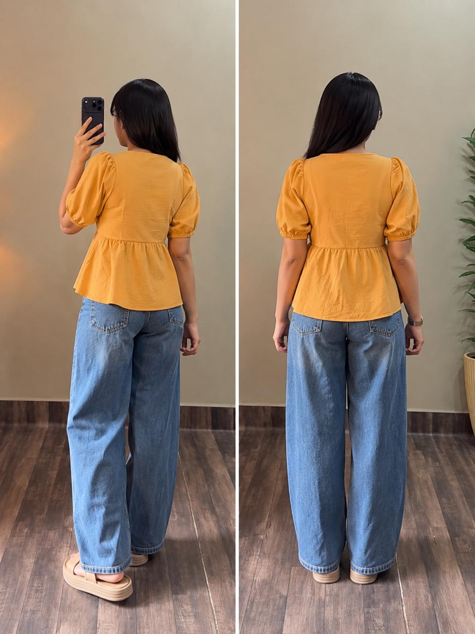Mustard Yellow Peplum Short Kurti Top for Women