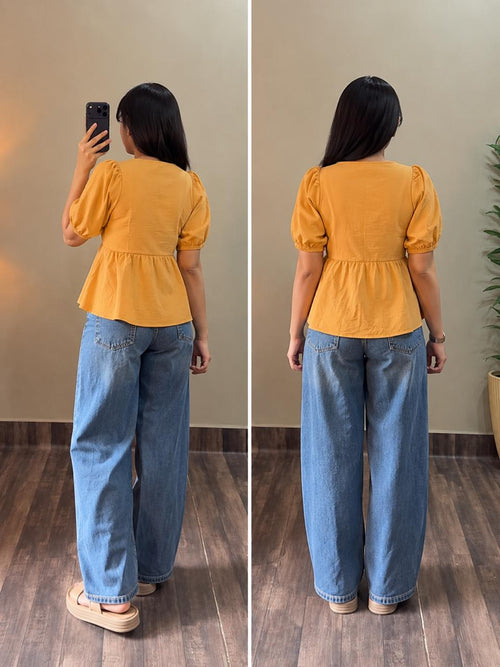 Mustard Yellow Peplum Short Kurti Top for Women